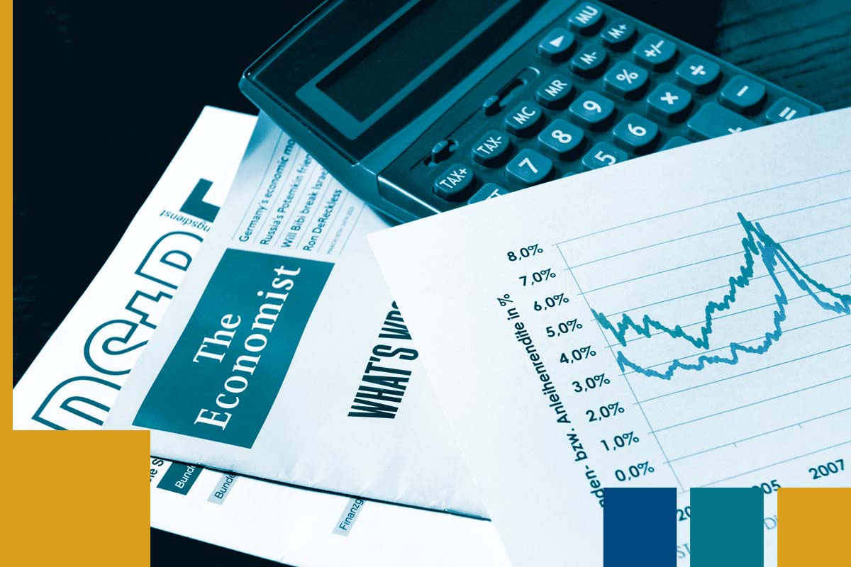 Symbolbild für Besteuerung von Unternehmen: Wirtschaft, Finanzen und Steuerplanung Wirtschaftsmagazine, Taschenrechner und Aktienchart – Symbole für Unternehmensbesteuerung